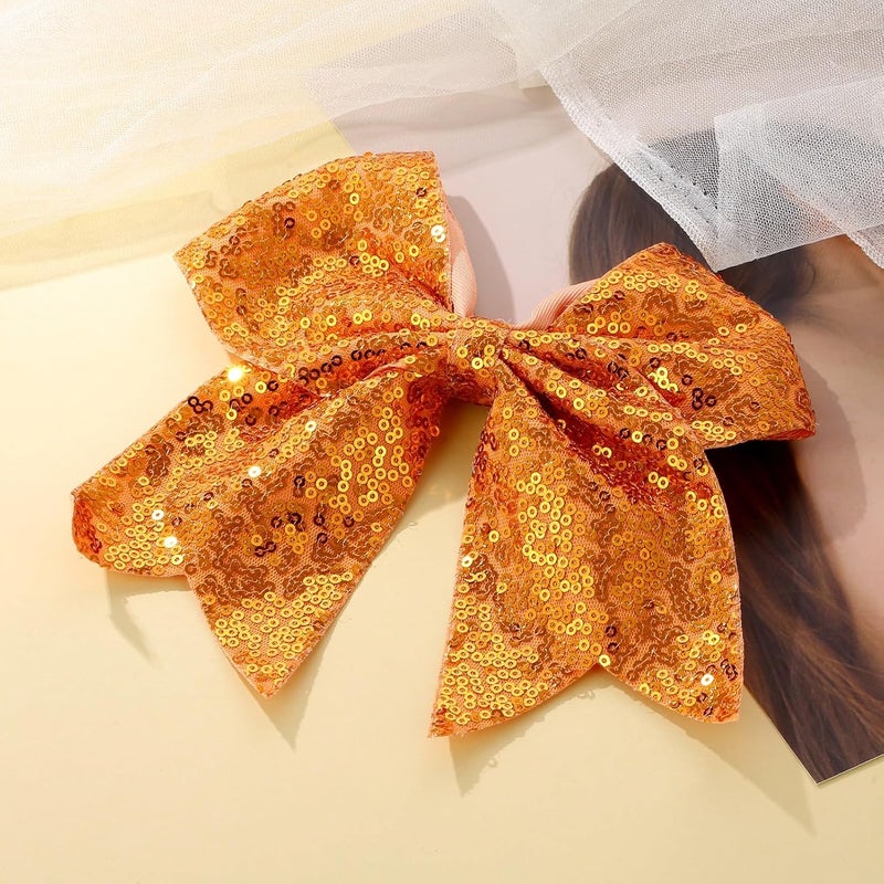 Zolyco Large Glitter Cheer Bows Clips, Jumbo Big 7 Inch Cheerleading Sequin Hair Bow Hair Accessories for Teens Girls Football Sports Cheerleader Outfit Uniform (Bright Orange) - Image 4
